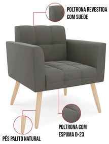 Kit 1 Sofá Namoradeira e 2 Poltronas Elisa Suede Pés Palito Natural D03 - D'Rossi - Grafite