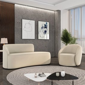 Sofá 3 Lug Orgânico180cm Morgan e Poltrona Giratória Lua Cotelê/Veludo Bege D03 - D'Rossi