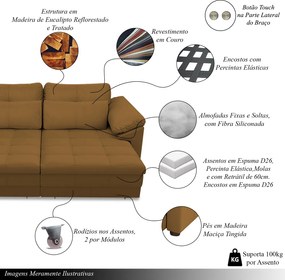 Sofá Retrátil Elétrico Sala de Estar Nolan Bipartido 332cm Conforto Premium em Couro Mel G58 - Gran Belo