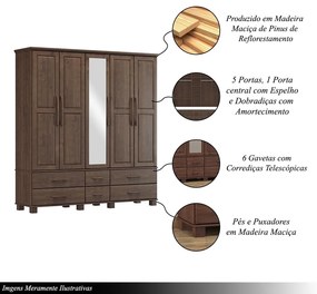 Guarda Roupa Bipartido 5 Portas Madeira Maciça Naipe 6 Gavetas Café G74 - Gran Belo