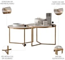 Mesa de Centro Pés Metálicos Kit 2 Thor Off/Dourado E05     - Mpozenat