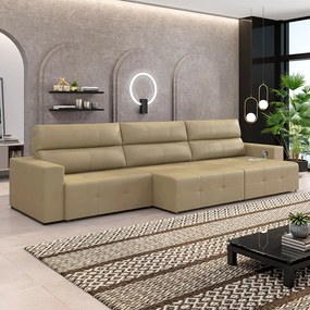 Sofá Retrátil 6 Lugares 404cm 3 Módulos Nero com USB Couro Bege G52 - Gran Belo
