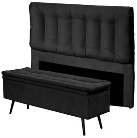 Cabeceira com Calçadeira Baú Casal 140cm Conforto Suede Preto - Sheep Estofados - Preto