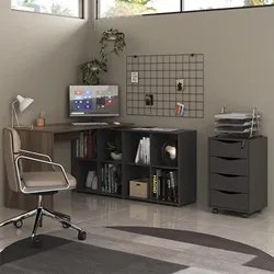 Mesa Escrivaninha em L Eron e Gaveteiro com Rodízios Mity A06 Ipê/Pret