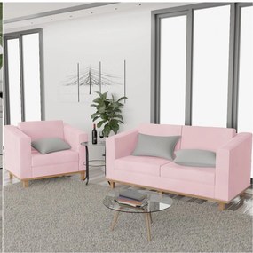 Kit Sofá 2 Lugares e Poltrona Europa Suede Rosa Bebê ADJ Decor