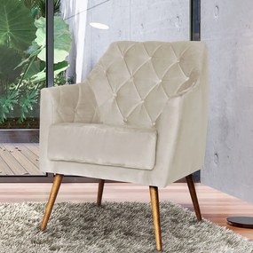 Poltrona Atena Decorativa Botonê Pés Palito Veludo Bege