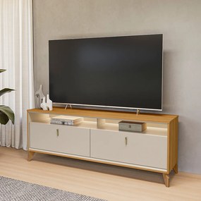 Rack Bancada Duarte com LED Pés em Madeira 160cm TV Até 60 Polegadas Tauari/OffWhite  G77 - Gran Belo
