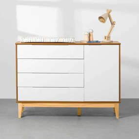 Cômoda Elfe 4 Gavetas e 1 Porta com Pés Square Natural - Branco  e Savana - Cômoda Elfe 4 Gavetas e 1 Porta com Pés Square Natural - Branco Fosco e Savana