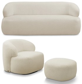 Conjunto Sala de Estar Decorativo Charlote 1 Sofá 180cm 2 Lugares 1 Poltrona Base Giratória em Aço com Puff Bouclê Bege G88 - Gran Belo