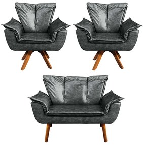 Sofá Namoradeira e 2 Poltronas Giratória MM30 Opala Corano - Preto