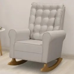 Poltrona Amamentação Base Madeira Balanço Maju Linho Bege F03 - Mpozen