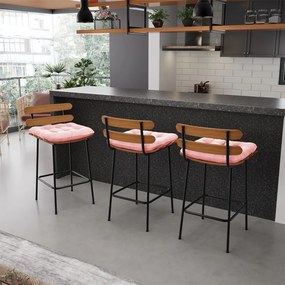 Kit 04 Banquetas Costela Suede Rosa Bebê Base Metálica Preto - D'Rossi