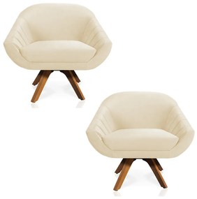 Kit 02 Poltronas Giratória Giovana Veludo Bege Base Madeira MM30 - DRossi