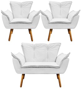 Namoradeira e 2 Poltronas Pé Palito Castanho Opala Corino D03 - D'Rossi - Branco