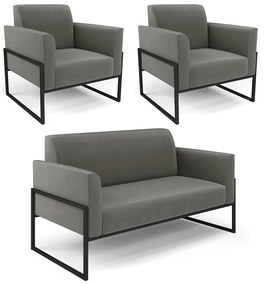 Sofá Namoradeira com 2 Poltronas Base Industrial Alta Preto Marisa Suede D03 - DRossi - Grafite