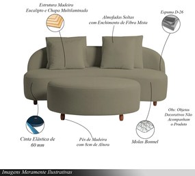Sofá Living Sala de Estar Rocca 192cm com Puff Pés Madeira Linho Rústico Castor G92 - Gran Belo