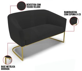 Sofá 2 Lugares Namoradeira Industrial Dourado Stella Veludo D03 - D'Rossi - Preto