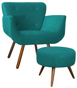 Kit Poltrona Decorativa Patty com Puff Danny Suede Azul Tiffany