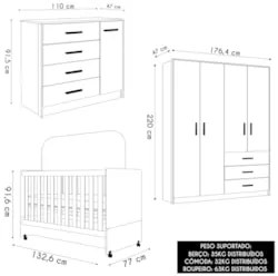 Quarto Infantil 3 Peças Com Berço Americano Nelly Branco Z49 - Mpozena