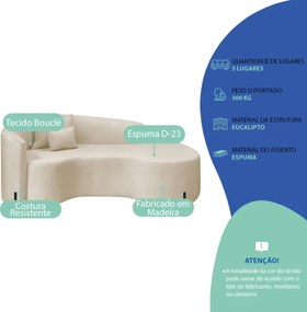 Divã Recamier Curvo Sala de Estar Recepção Inglaterra 180cm Pés Metal Preto Lado Direito Bouclé