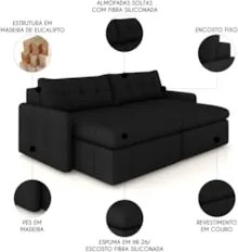 Sofá Retrátil 3 Lugares Para Sala 244cm Elios Couro Preto Z55 - Mpozen