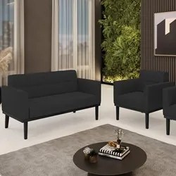 Sofá Namoradeira e 1 Poltrona Base Madeira Preto Ana Veludo Preto - Ib