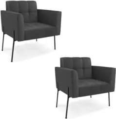 Poltrona Sala Pé Metal Preto Kit 2 Ana Sintético Preto - Ibiza