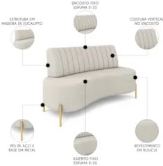 Sofá 2 Lugares 160cm Pés Aço Dourado Tamar Boucle Areia Z08 - Mpozenat