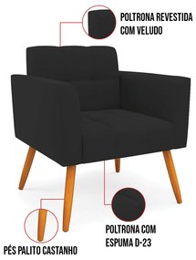 Kit 1 Sofá Namoradeira e 1 Poltrona Elisa Veludo Pés Palito Castanho D03 - D'Rossi - Preto
