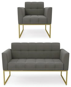 Kit 1 Sofá Namoradeira e 1 Poltrona Elisa Suede Grafite Base Metálica Industrial Dourado - D'Rossi
