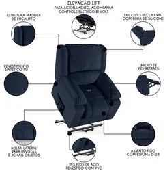 Poltrona do Papai Reclinável Pietra Elevação Lift Elétrico FH9 PU Azul