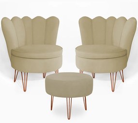 Conjunto 2 Poltrona Dália com Puff Chloe Pés Hairpin Legs Bronze Veludo Nude