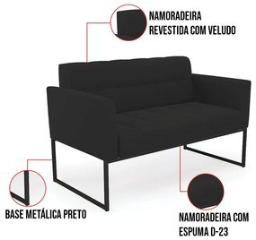 Kit 1 Sofá Namoradeira e 1 Poltrona Elisa Veludo Preto Base Metálica Industrial Preto D03 - D'Rossi
