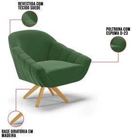 Kit 01 Namoradeira 02 Lugares e 02 Poltronas Giratória Giovana Suede Base Madeira MA30 D03 - D'Rossi - Verde