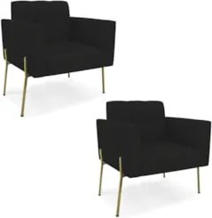 Poltrona Para Sala Pé Metal Dourado Kit 2 Ana Linho Preto - Ibiza