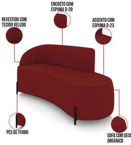 Sofá 3 Lugares Orgânico 180cm Pé Ferro Preto Morgan Veludo Marsala