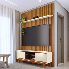 Painel TV 65 Pol 179cm Ripado Valen e Rack Bancada Mylan Cinamomo/Off White M20 - D'Rossi