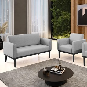 Conjunto Poltrona e Namoradeira Decorativa Isabella Pés Fixo em Madeira Preto Linho Cinza G19 - Gran Belo