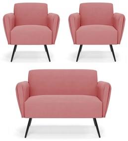Sofá Namoradeira com 2 Poltronas Pés Palito de Ferro Bruna Suede - D'Rossi - Rose