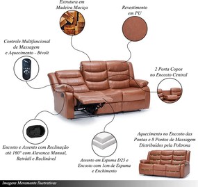 Poltrona 3 Lugares Porta Copos Reclinável Hollywood Manual Aquecimento Massagem PU Caramelo G94 - Gran Belo
