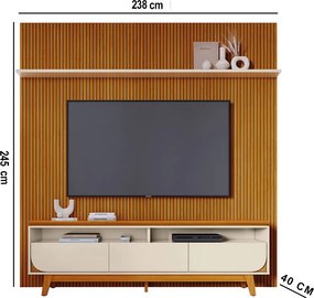 Painel TV 75 Pol 238cm Ripado Kalven e Bancada Elarin M20 - D'Rossi - Cinamomo(fosco)/Off White(brilho)