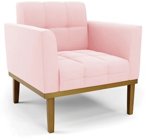 Poltrona Decorativa Karen Pés Fixo em Madeira Castanho Suede Rosa Bebê G19 - Gran Belo