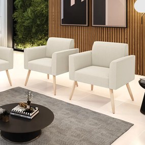 Poltrona Sala Estar Pé Palito Natural Kit 2 Marisa Bouclê - Bege