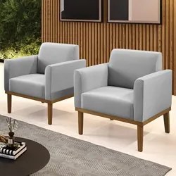 Poltrona Base Madeira Castanho Kit 2 Maressa Suede Cinza - Ibiza