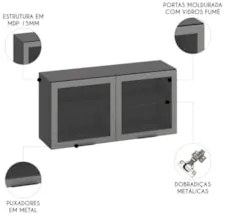 Armário Aéreo 120cm 2 Portas de Vidro Grace Grafite Z44     - Mpozenat