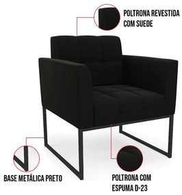 Kit 1 Sofá Namoradeira e 1 Poltrona Elisa Suede Preto Base Metálica Industrial Preto D03 - D'Rossi