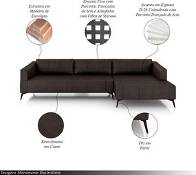 Sofá Bipartido Sala de Estar Kiara 352cm Chaise Direito Pés de Ferro Couro Borgonha Manchado G52 - Gran Belo