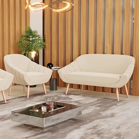 Kit 01 Namoradeira 02 Lugares e 01 Poltrona Giovana Suede Bege Pés Palito Natural - D'Rossi