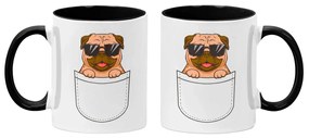 Caneca Cachorro Pug no Bolso Branca com Alça Preta