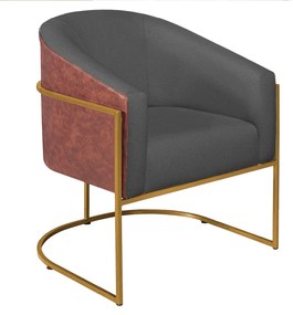 Poltrona Luiza Base de Ferro Dourado Corano Nozes e Linho Cinza Escuro - ADJ Decor
